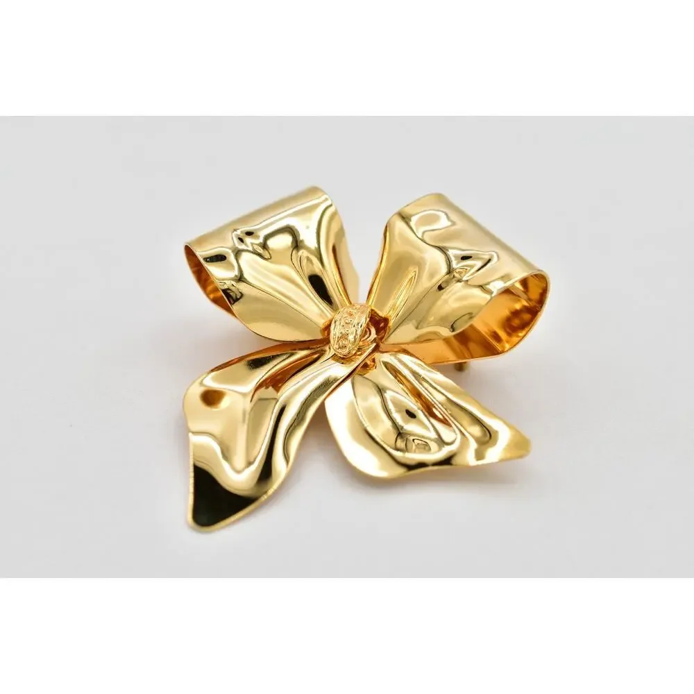 Vintage Chunky Gold Bow Brooch Pin Large Sculptural Ribbon Statement NOS BinA18